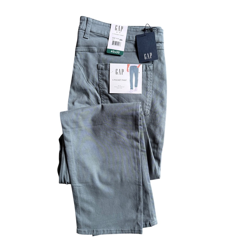 Gap Mens Slim Fit 5 Pocket Pant Blue Grey Super Soft Stretch Twill 40x30 NEW